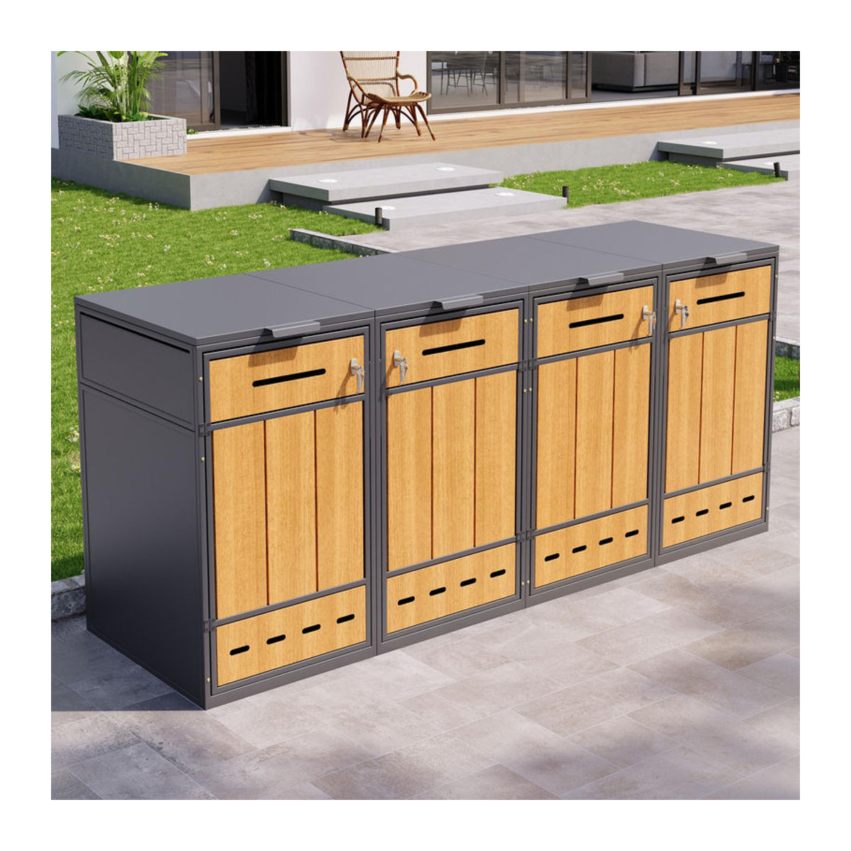 GL Store Mülltonnenbox mit Klappdeckeln und frontöffnenden Türen für 4 Mülltonnen von 120 bis 240 Litern, B/H/T: 264 x 118 x 84,5 cm, Grau-Natur - Bild 2