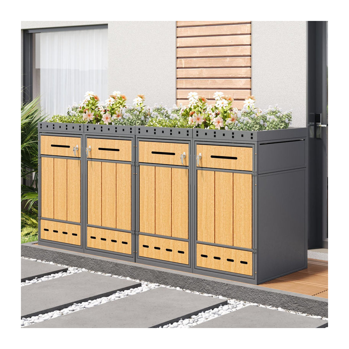 GL Store Mülltonnenbox mit Pflanztrog für 4 Mülltonnen mit Frontzugang, Schloss und Griff, B/H/T: 264 x 124 x 80 cm, Grau-Natur - Bild 2