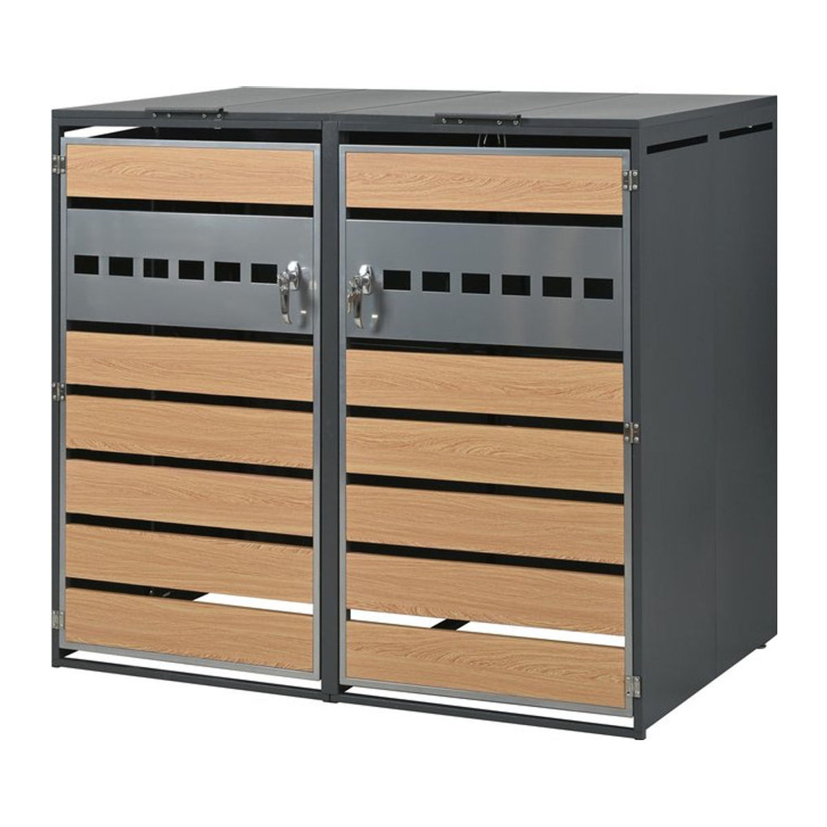 GL Store Mülltonnenbox Modern mit hydraulischem Klappdeckel, 2 Fächern und abschließbaren Türen, B/T/H: 132 x 80 x 118,5 cm, Grau-Natur - Bild 1