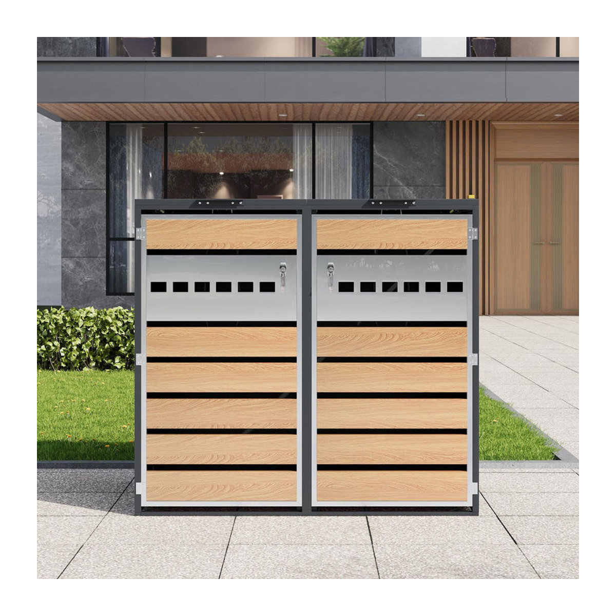 GL Store Mülltonnenbox Modern mit hydraulischem Klappdeckel, 2 Fächern und abschließbaren Türen, B/T/H: 132 x 80 x 118,5 cm, Grau-Natur - Bild 2