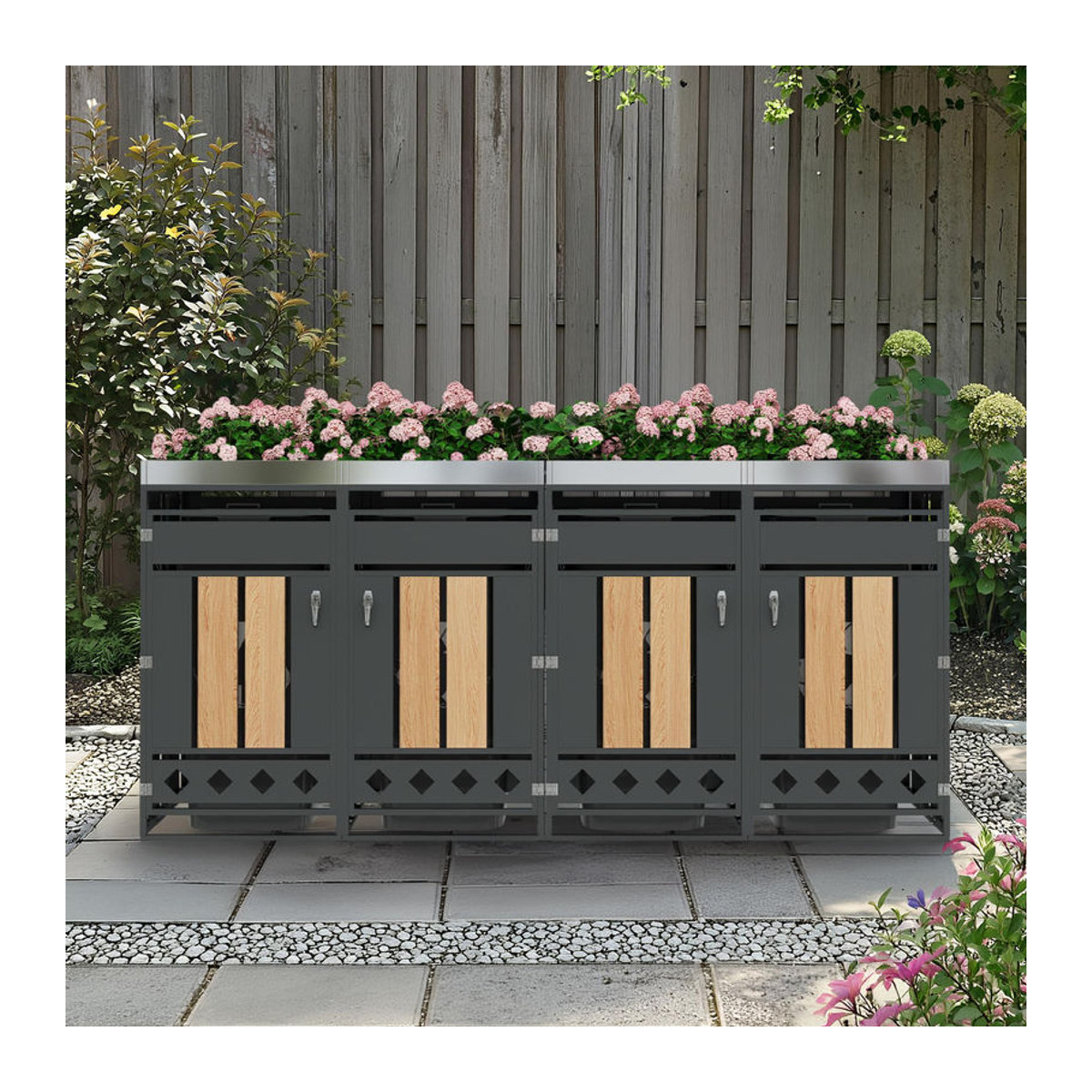 GL Store Mülltonnenschrank mit 4 Fächern, Pflanztrog und abschließbaren Türen, B/H/T: 264 x 124,5 x 80 cm, Grau-Natur - Bild 2