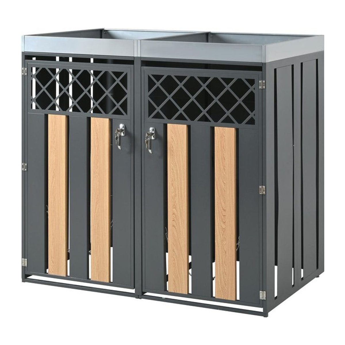 GL Store Mülltonnenschrank mit Blumentrog, 2-teilige abschließbare Mülltonnenbox, B: 132 cm, T: 80 cm, H: 124,5 cm, Grau-Natur - Bild 1
