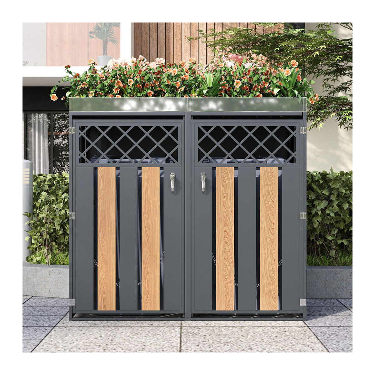 GL Store Mülltonnenschrank mit Blumentrog, 2-teilige abschließbare Mülltonnenbox, B: 132 cm, T: 80 cm, H: 124,5 cm, Grau-Natur - Bild 2