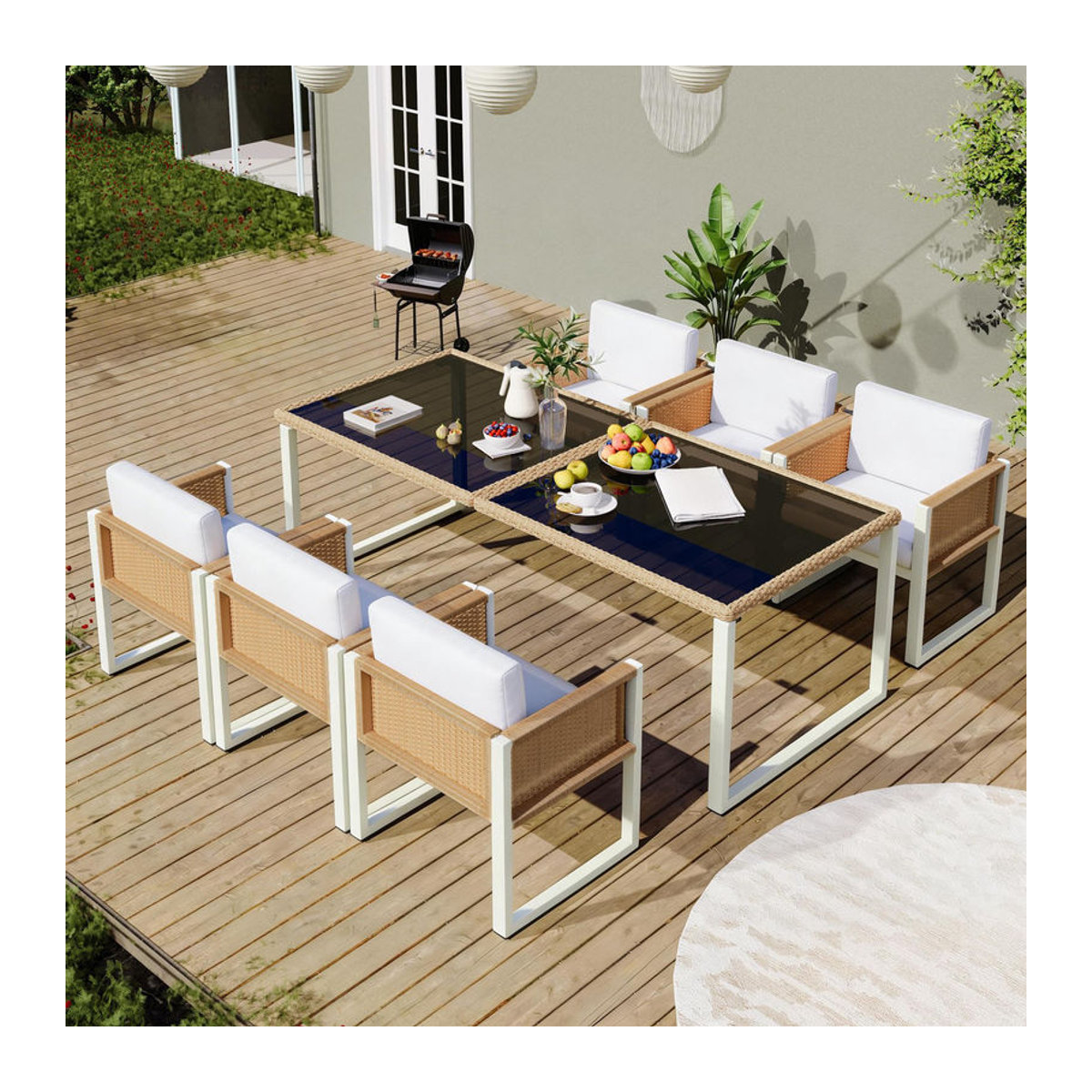 GL Store Polyrattan Gartenmöbel-Set Essgruppe für 6 Personen mit Glasplatte in Braun und Weiß - Bild 2
