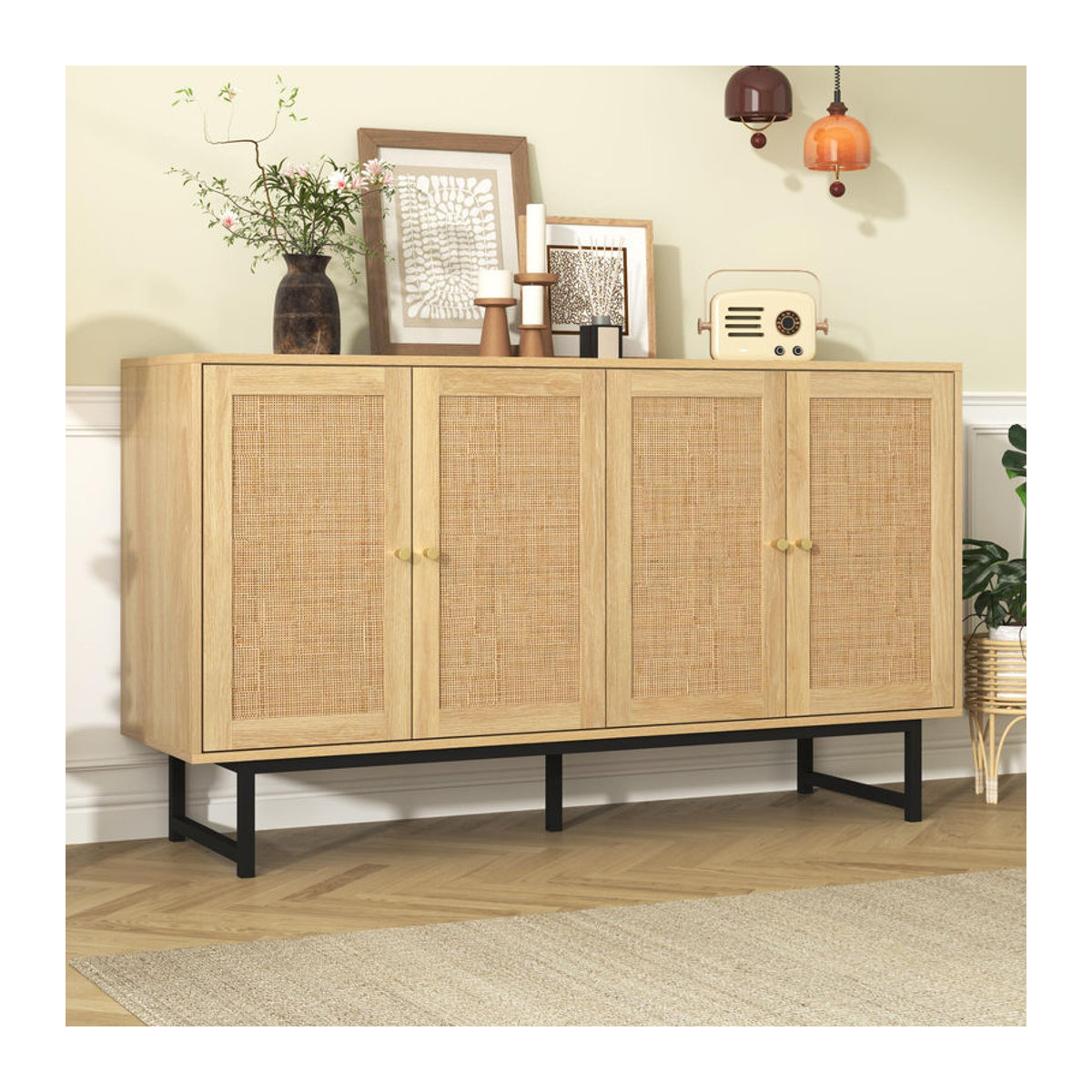 GL Store Sideboard mit Rattangeflecht in Natur, 4 Türen, verstellbare Böden und Metallbeine, B/T/H: 140 x 39,5 x 80 cm - Bild 2