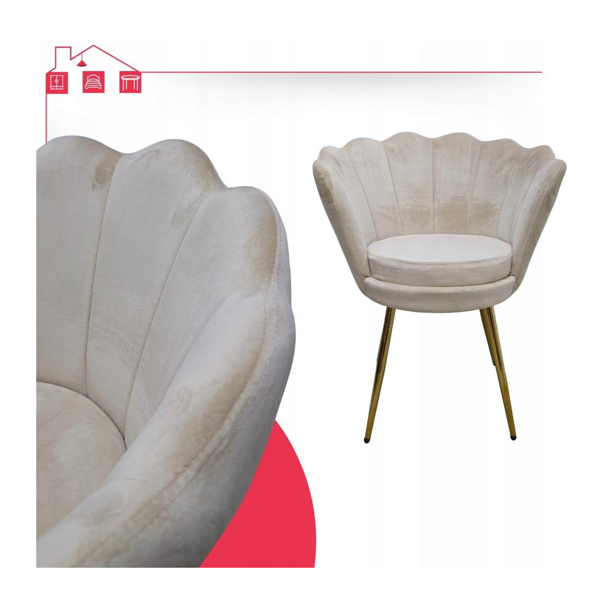 Glamour Sessel mit Muschelform in Beige aus Samt von Novio Family Möbel inklusive zusätzlichem Kissen - Bild 2