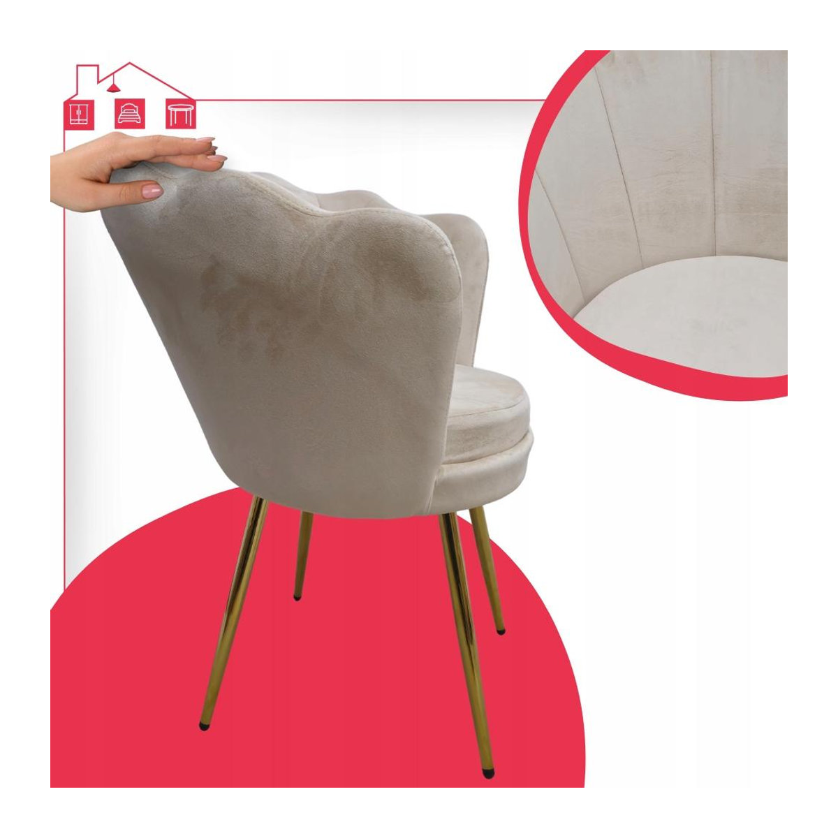 Glamour Sessel mit Muschelform in Beige aus Samt von Novio Family Möbel inklusive zusätzlichem Kissen - Bild 5