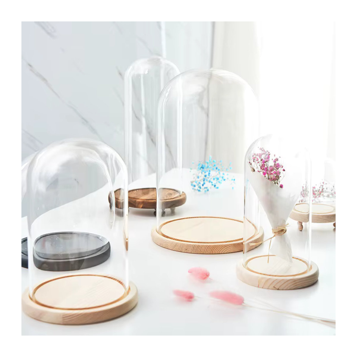 Glasabdeckung mit floralem Blumenimitat und Holzsockel, transparente Kuppelabdeckung für Sukkulenten und DIY-Figuren, runde Dekoration in minimalistischem Design - Bild 2