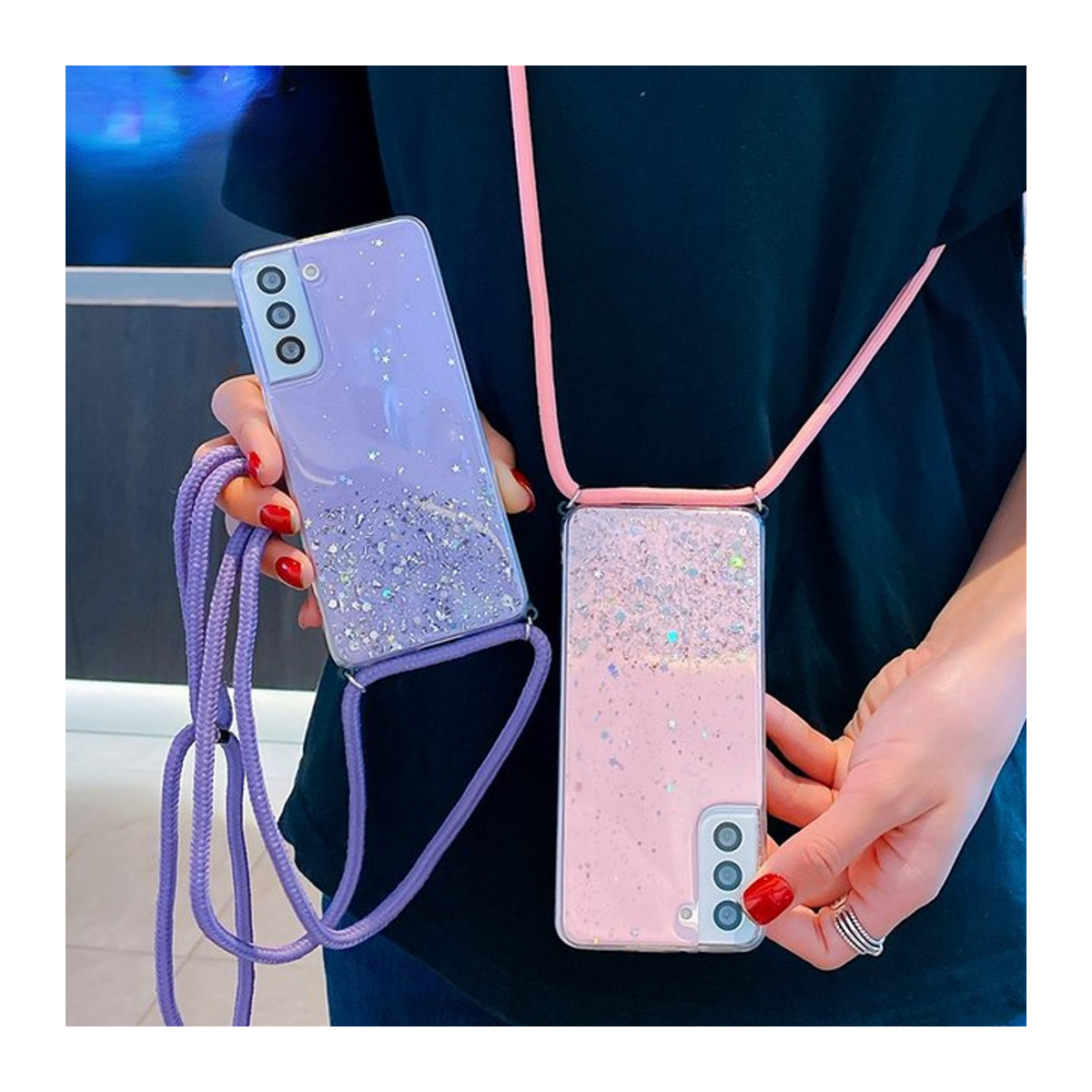 Glitzer-Handyhülle EHUIDE für Samsung Galaxy Serie mit Umhängekordel und Halsband in Schwarz und Mehrfarbig - Bild 1