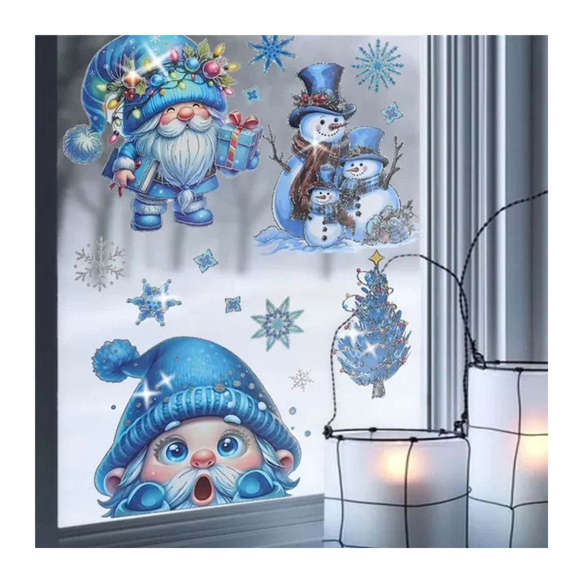 Glitzernde Weihnachtsaufkleber für Glasfenster in Silber und Multicolor mit Motiven wie Weihnachtsmann, Schneemann und Zwerg zur Weihnachts- und Neujahrsdekoration - Bild 1