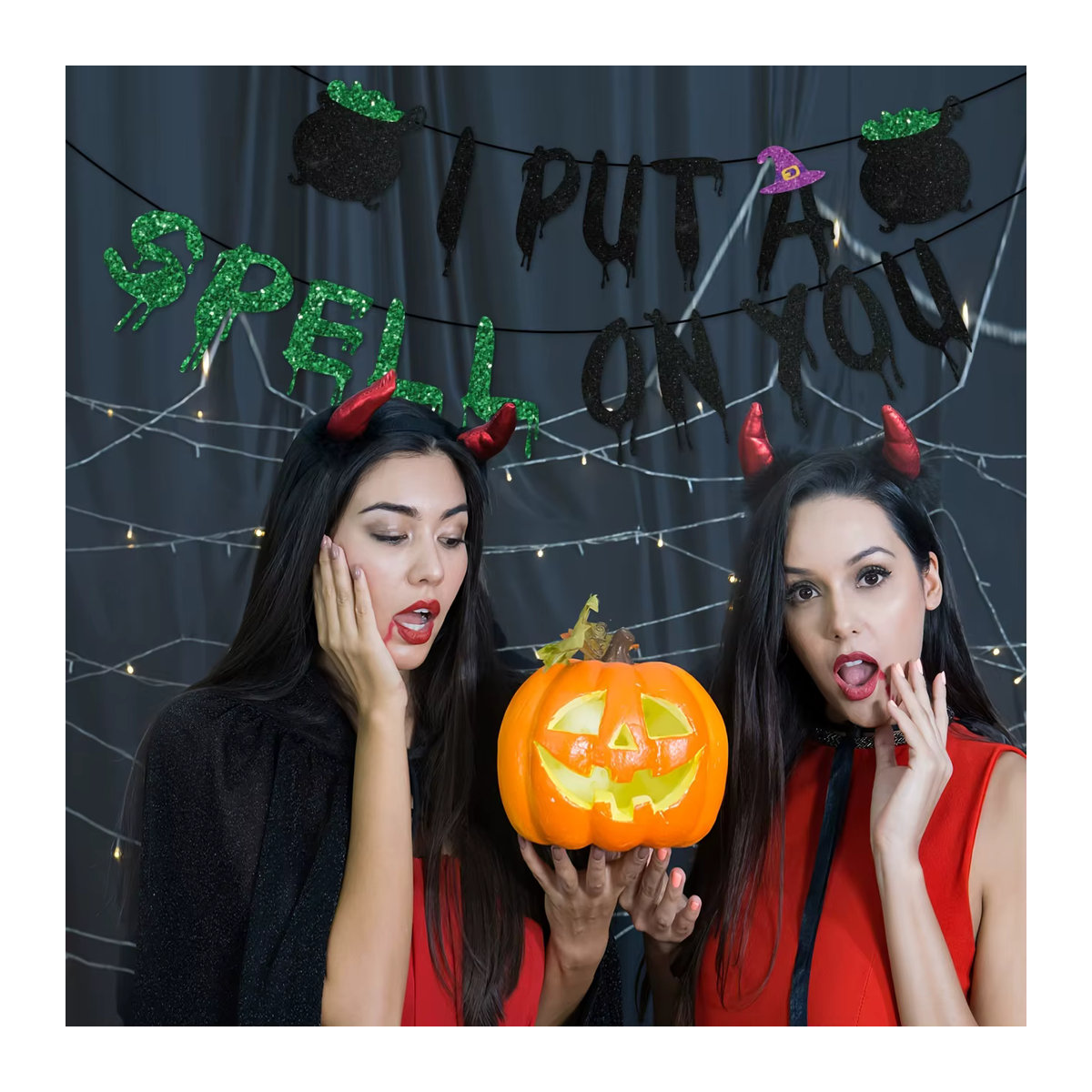Glitzerndes Halloween Banner mit Hexen-Motiv und Hokuspokus-Aufdruck zur Partydekoration - Bild 3