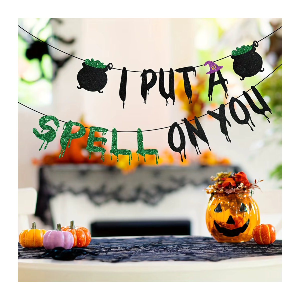 Glitzerndes Halloween Banner mit Hexen-Motiv und Hokuspokus-Aufdruck zur Partydekoration - Bild 4