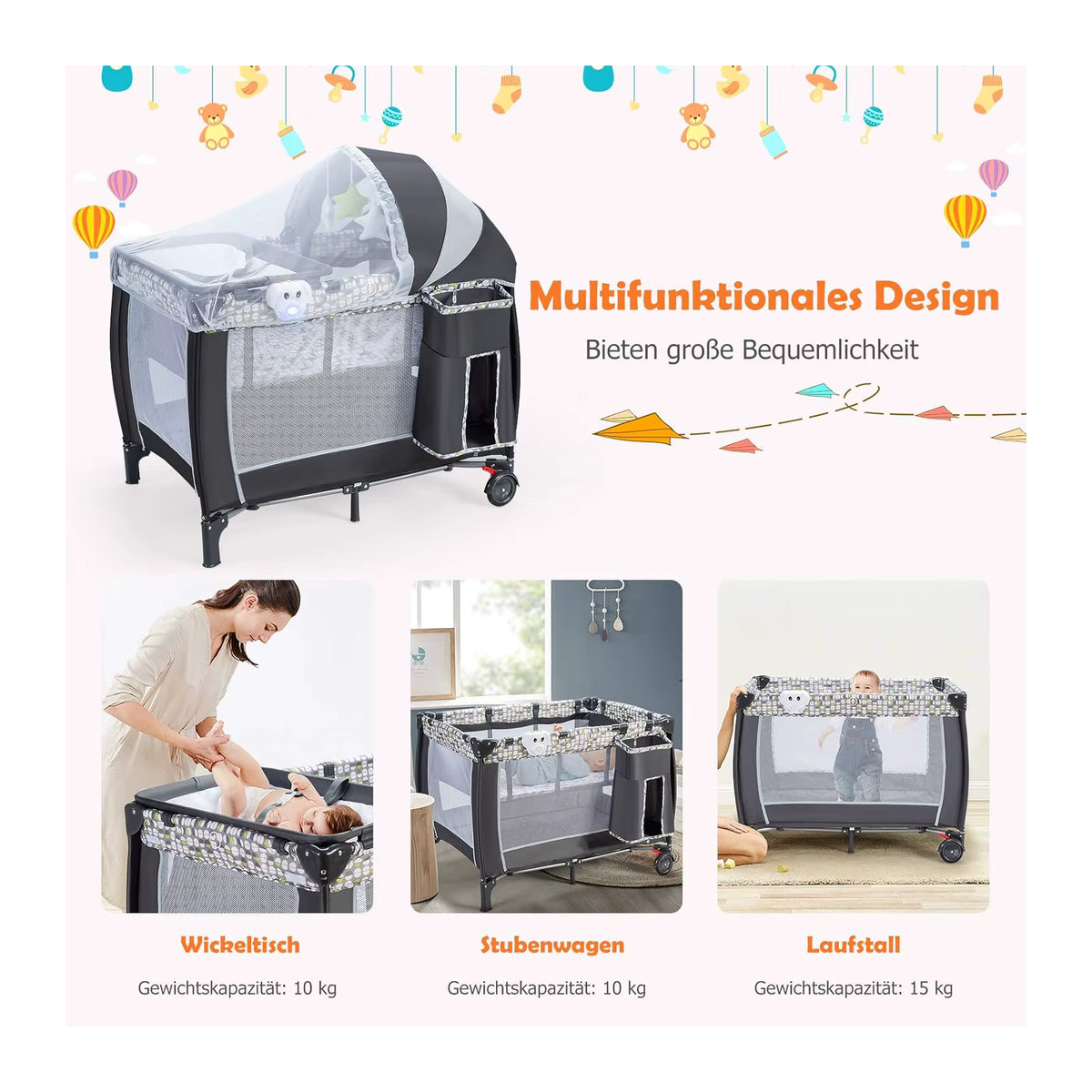GOFLAME 3-in-1 Reisebett mit Wickeltisch, Laufstall und Moskitonetz inklusive Spieluhr, Grau - Bild 2