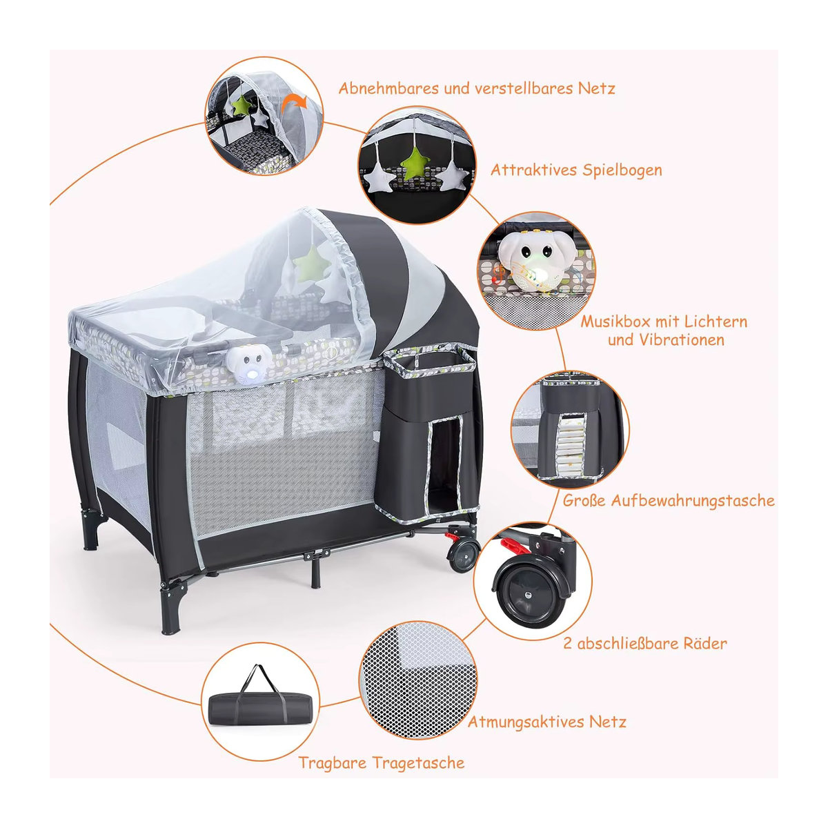GOFLAME 3-in-1 Reisebett mit Wickeltisch, Laufstall und Moskitonetz inklusive Spieluhr, Grau - Bild 3