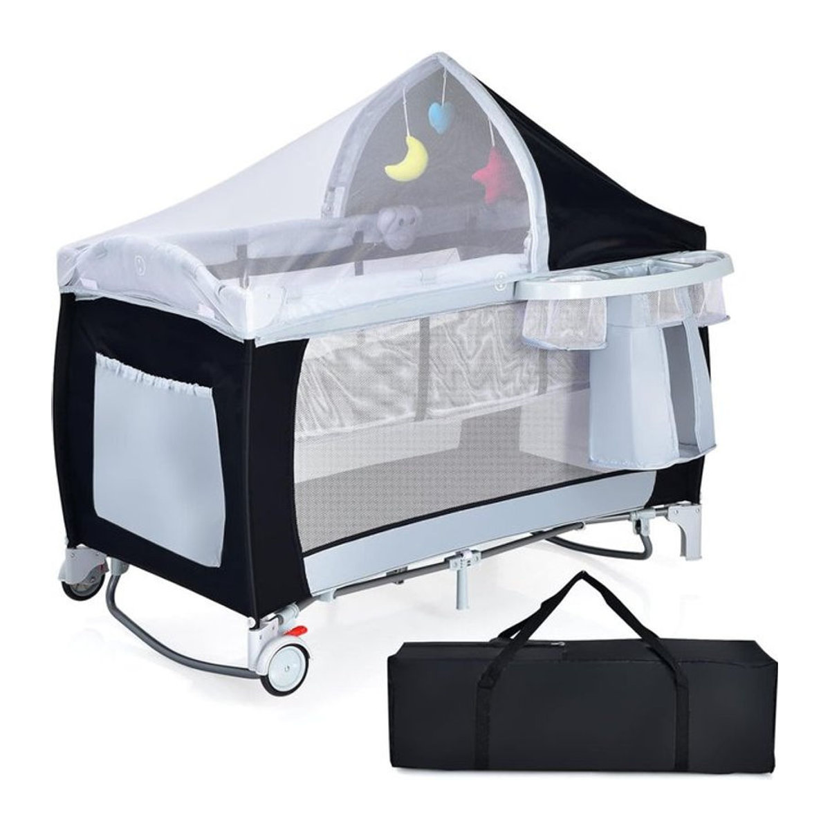 GOFLAME 4-in-1 Klappbares Reisebett mit Schaukelfunktion, Babywiege, Wickeltisch und Laufstall inklusive Musikbox und Spielbogen in Schwarz/Weiß mit Mesh-Einsätzen - Bild 1