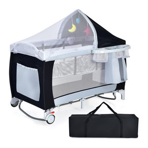 GOFLAME 4-in-1 Klappbares Reisebett mit Schaukelfunktion, Babywiege, Wickeltisch und Laufstall inklusive Musikbox und Spielbogen in Schwarz/Weiß mit Mesh-Einsätzen