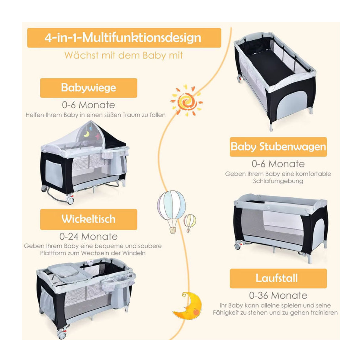 GOFLAME 4-in-1 Klappbares Reisebett mit Schaukelfunktion, Babywiege, Wickeltisch und Laufstall inklusive Musikbox und Spielbogen in Schwarz/Weiß mit Mesh-Einsätzen - Bild 2
