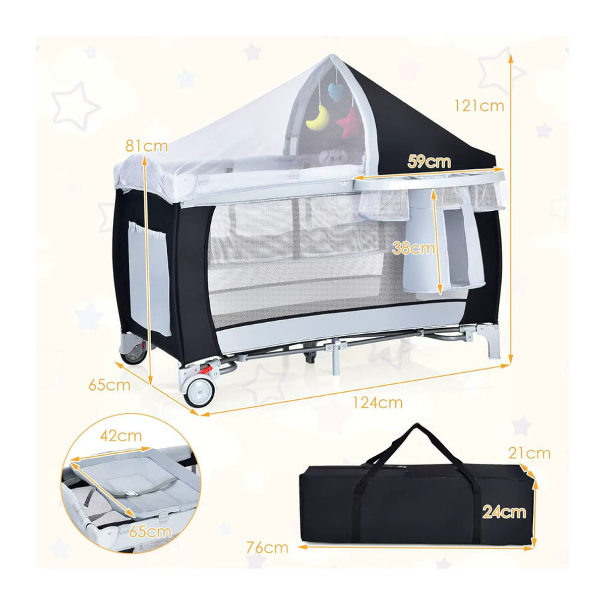 GOFLAME 4-in-1 Klappbares Reisebett mit Schaukelfunktion, Babywiege, Wickeltisch und Laufstall inklusive Musikbox und Spielbogen in Schwarz/Weiß mit Mesh-Einsätzen - Bild 4