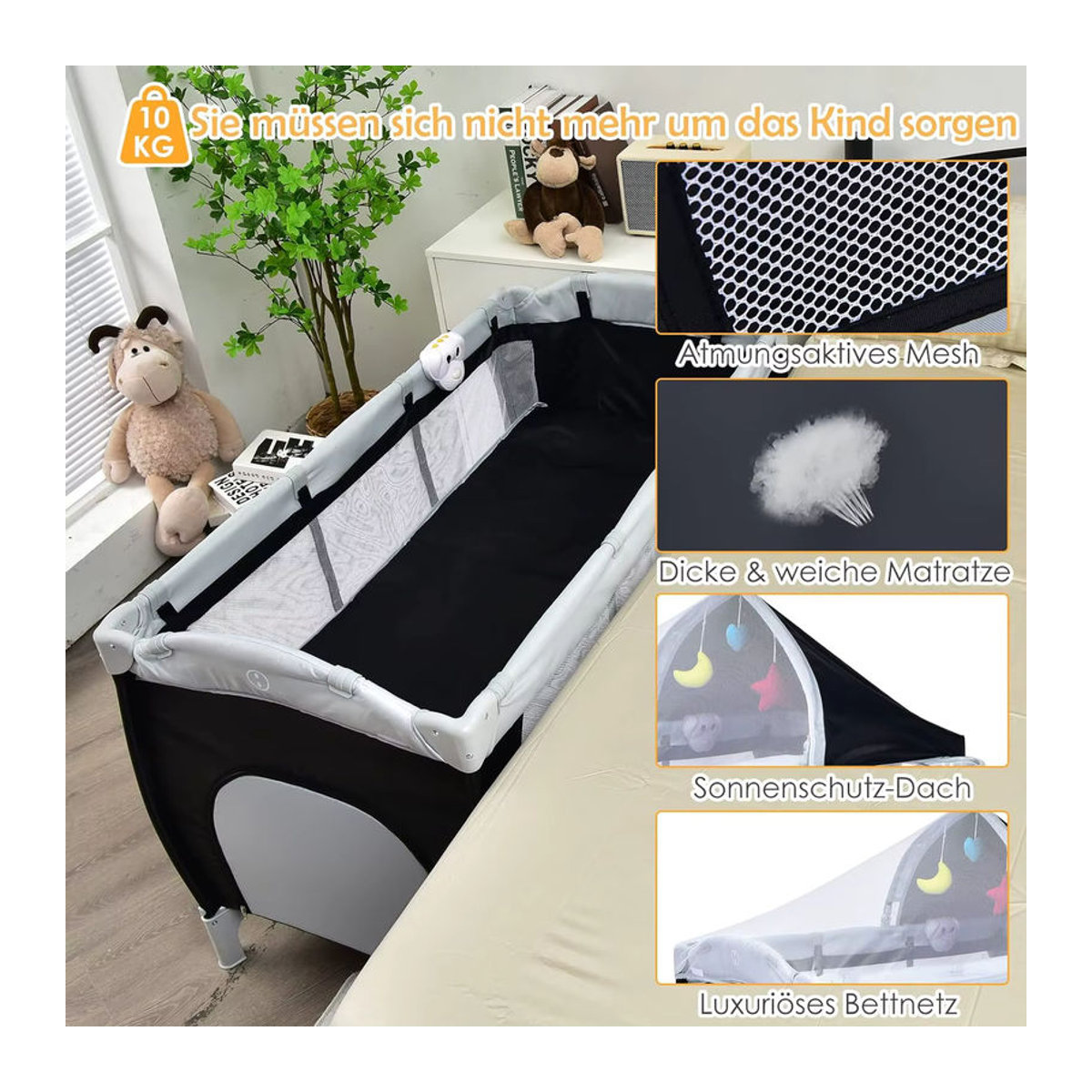 GOFLAME 4-in-1 Klappbares Reisebett mit Schaukelfunktion, Babywiege, Wickeltisch und Laufstall inklusive Musikbox und Spielbogen in Schwarz/Weiß mit Mesh-Einsätzen - Bild 5