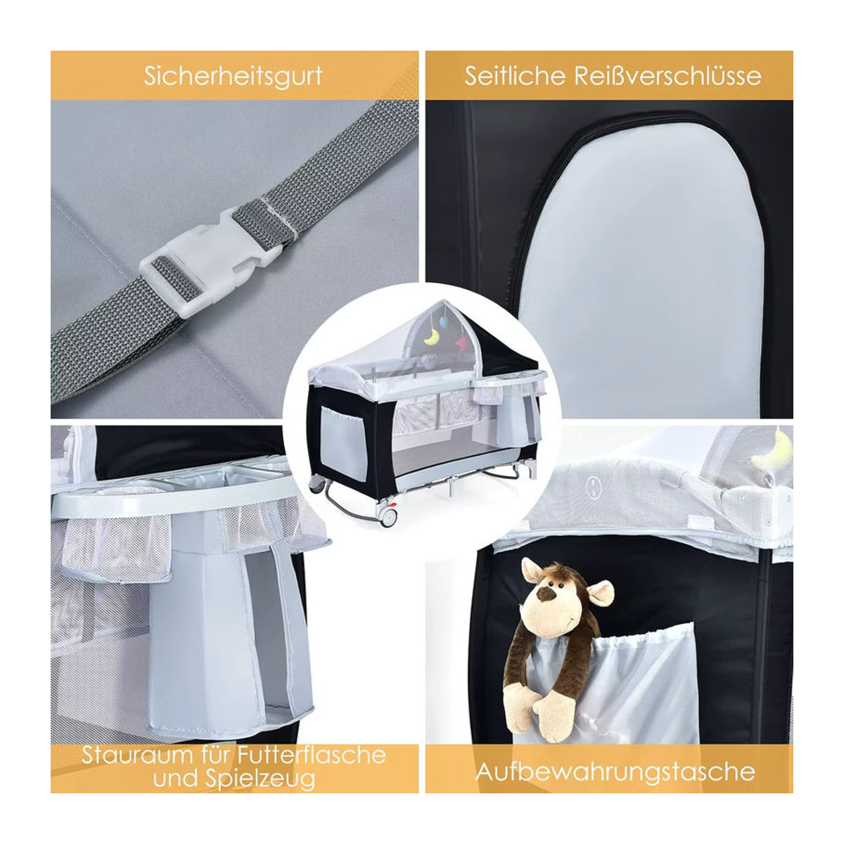 GOFLAME 4-in-1 Klappbares Reisebett mit Schaukelfunktion, Babywiege, Wickeltisch und Laufstall inklusive Musikbox und Spielbogen in Schwarz/Weiß mit Mesh-Einsätzen - Bild 6