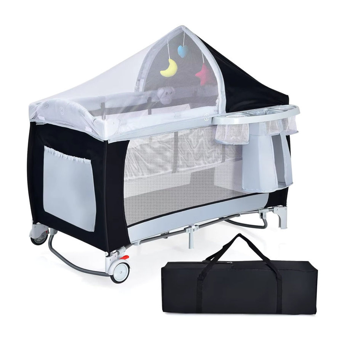 GOFLAME 4-in-1 Klappbares Reisebett mit Schaukelfunktion, Babywiege, Wickeltisch und Laufstall inklusive Musikbox und Spielbogen in Schwarz/Weiß mit Mesh-Einsätzen - Bild 7