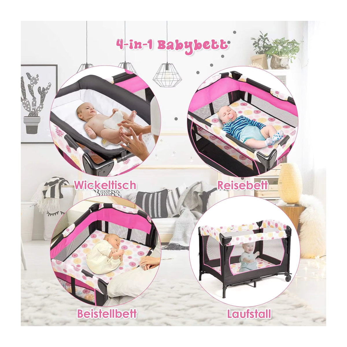GOFLAME 4-in-1 Reisebett in Rosa mit Wickeltisch, Laufstall und Matratze aus Oxford Stoff - Bild 2