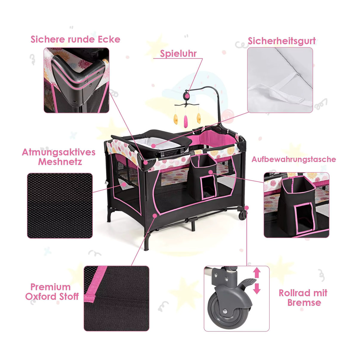 GOFLAME 4-in-1 Reisebett in Rosa mit Wickeltisch, Laufstall und Matratze aus Oxford Stoff - Bild 3