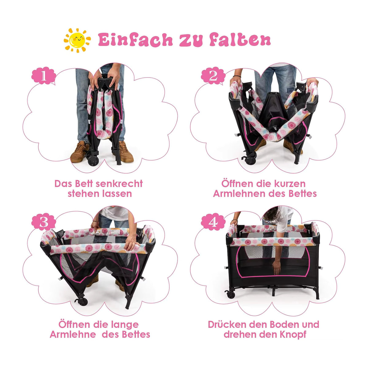 GOFLAME 4-in-1 Reisebett in Rosa mit Wickeltisch, Laufstall und Matratze aus Oxford Stoff - Bild 4