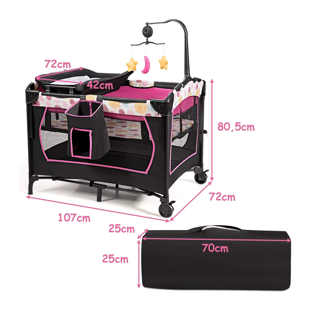 GOFLAME 4-in-1 Reisebett in Rosa mit Wickeltisch, Laufstall und Matratze aus Oxford Stoff - Bild 5