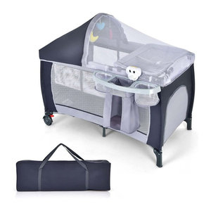 GOFLAME 4-in-1 Reisebett mit Schaukelfunktion, Babywiege, Wickeltisch und Laufstall inklusive Spieluhr und Spielbogen, Grau