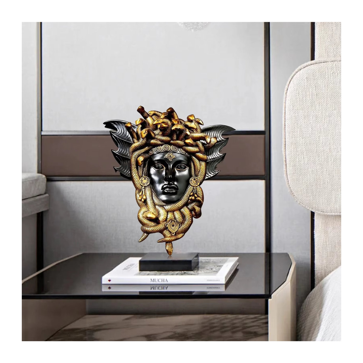 Goldene Medusa-Kopf Skulptur aus Kunstharz als Wandbehang für dein Zuhause - Bild 6