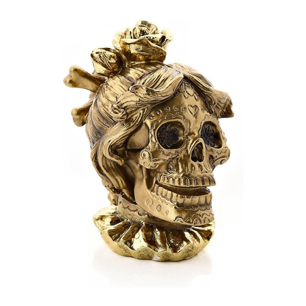 Goldene Schädel Harzfigur für Halloween, B/T/H: 13,0 x 10,5 x 8,5 cm - Bild 1