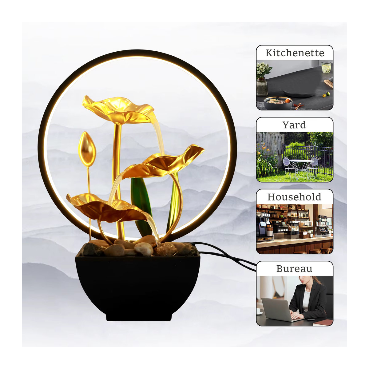 Goldener Tischbrunnen mit LED-Ringlichtern und Wasserzirkulation für Meditation und Dekoration in Zuhause oder Büro - Bild 3