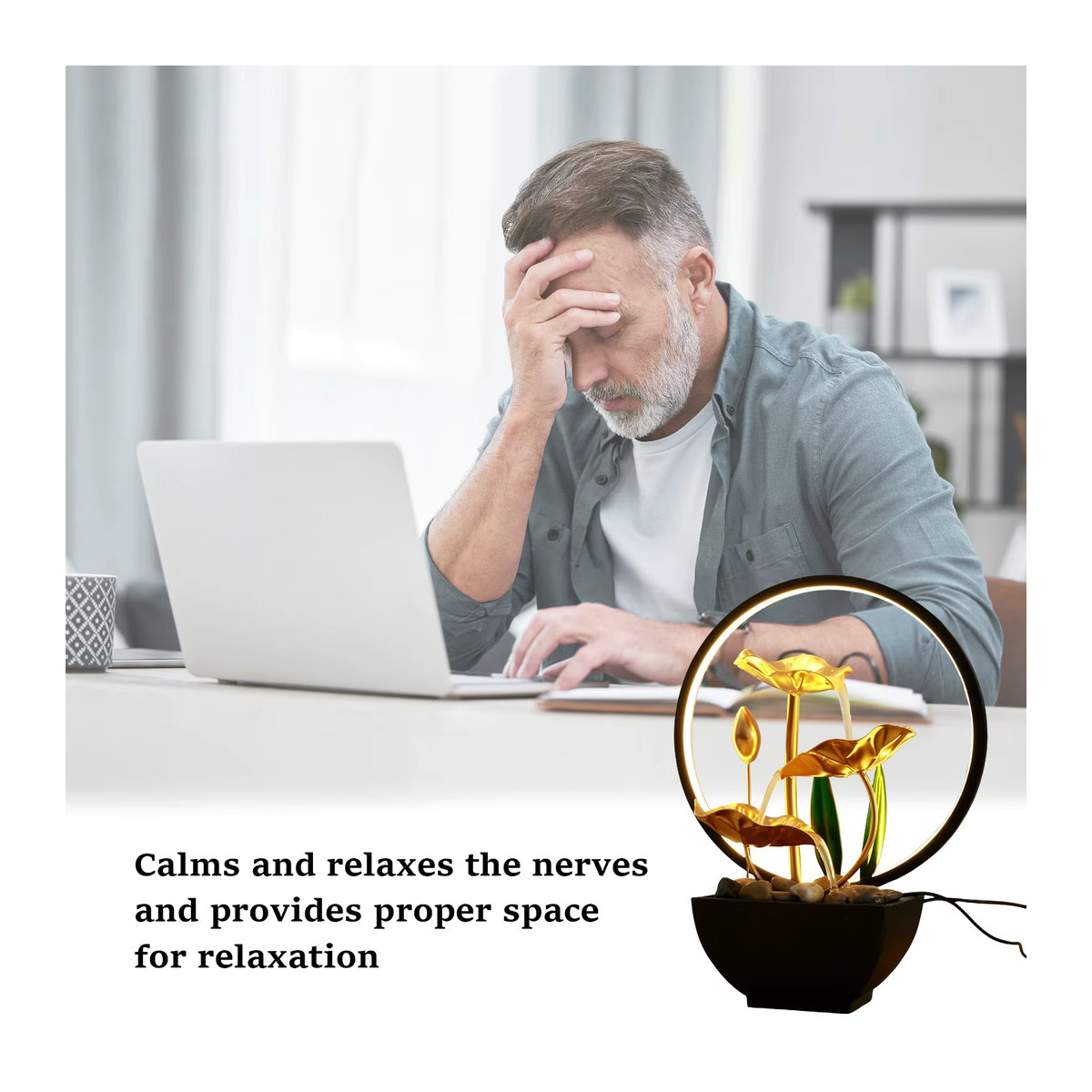 Goldener Tischbrunnen mit LED-Ringlichtern und Wasserzirkulation für Meditation und Dekoration in Zuhause oder Büro - Bild 4