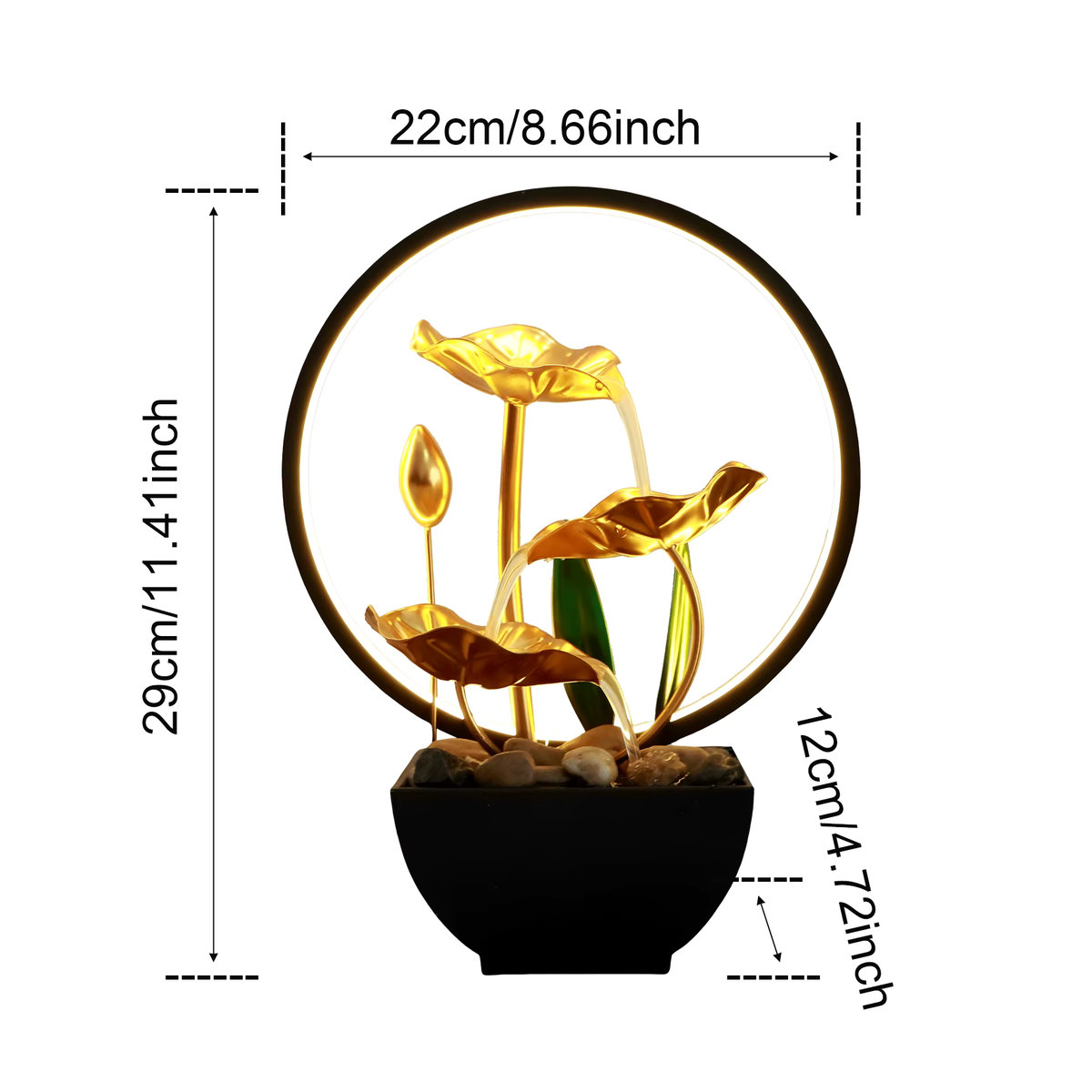 Goldener Tischbrunnen mit LED-Ringlichtern und Wasserzirkulation für Meditation und Dekoration in Zuhause oder Büro - Bild 5