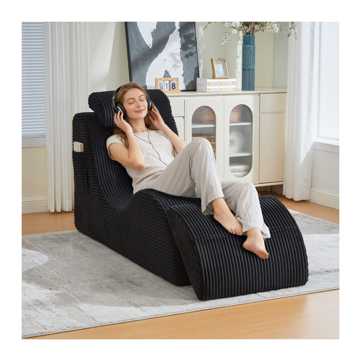 Gomyway Loungesessel aus Cord in Schwarz mit ergonomischer Rückenlehne und Seitentasche, B/T/H: 160 x 66 x 90 cm - Bild 2