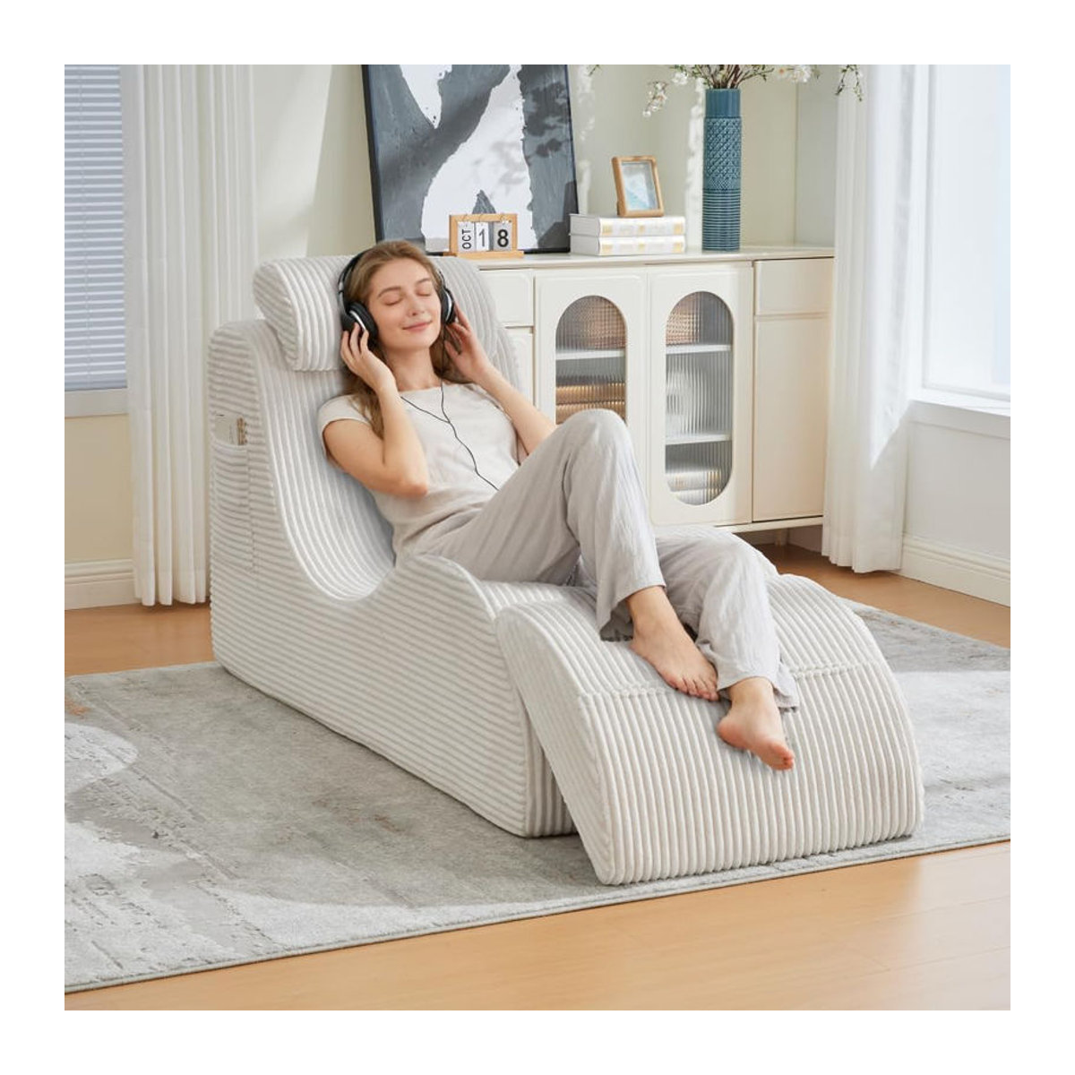 Gomyway Moderner Schlafsessel aus Cord in Beige und Weiß, B/T/H: 160 x 66 x 90 cm - Bild 2