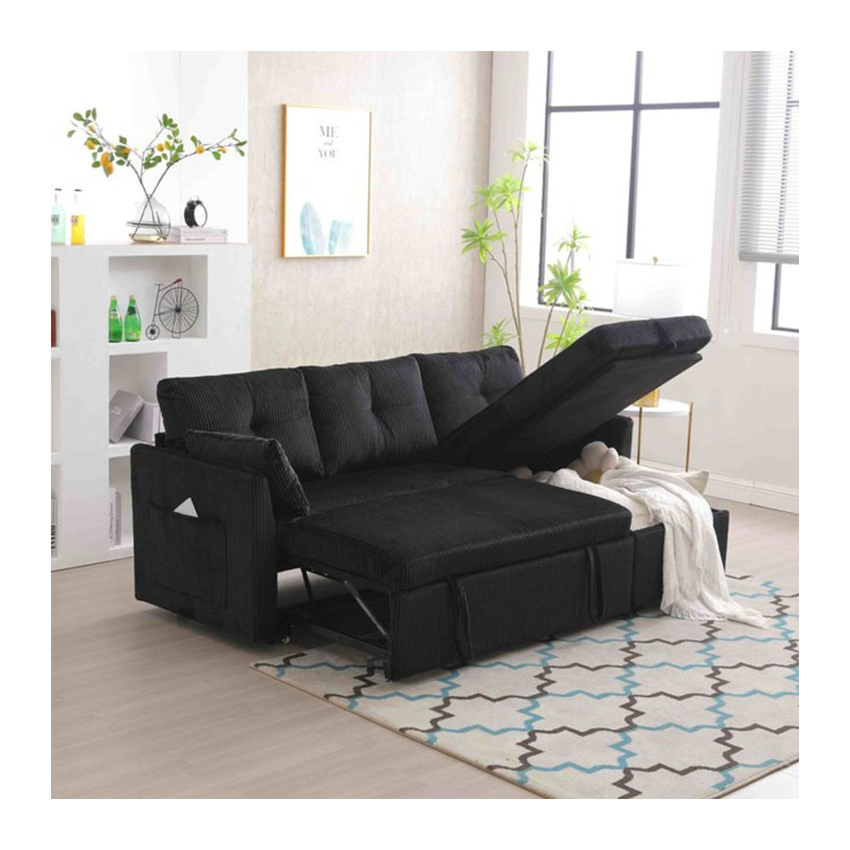 Gomyway Modernes L-förmiges Ecksofa aus Samt und Massivholz, wendbares Schlafsofa mit Stauraum in Schwarz - Bild 1