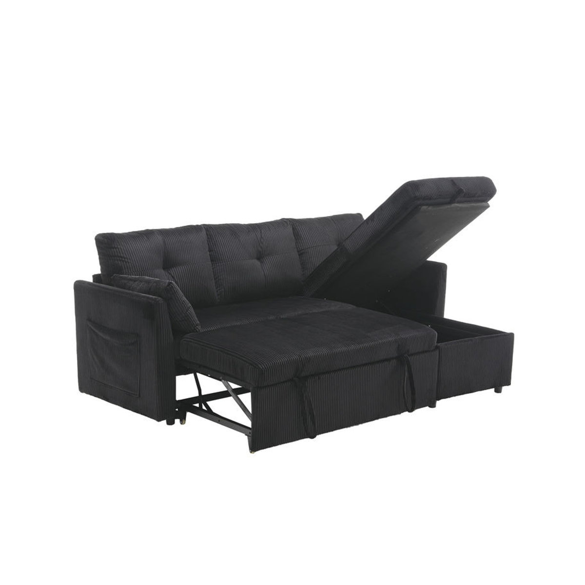 Gomyway Modernes L-förmiges Ecksofa aus Samt und Massivholz, wendbares Schlafsofa mit Stauraum in Schwarz - Bild 2