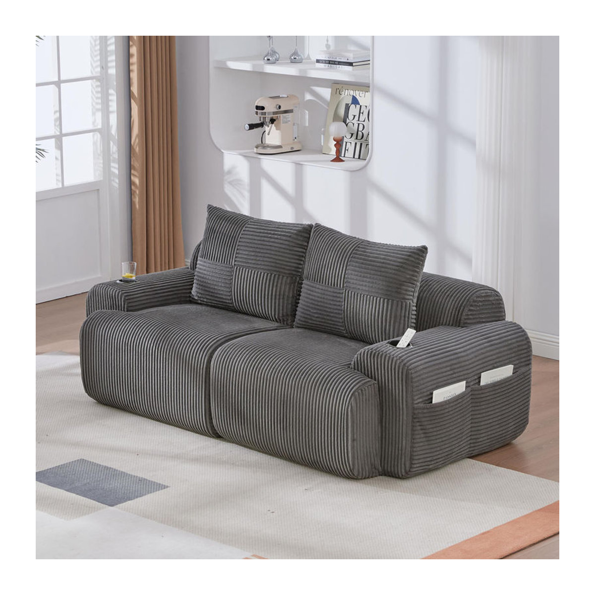 Gomyway Modulares 2-Sitzer-Cordsofa in Anthrazit mit Getränkehalter und Seitentasche, B/T/H: 200 x 99 x 80 cm - Bild 2