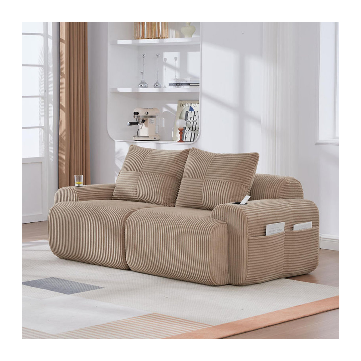 Gomyway Modulares 2-Sitzer-Cordsofa in Beige mit Getränkehalter und Seitentasche, B/T/H: 200 x 99 x 80 cm - Bild 2