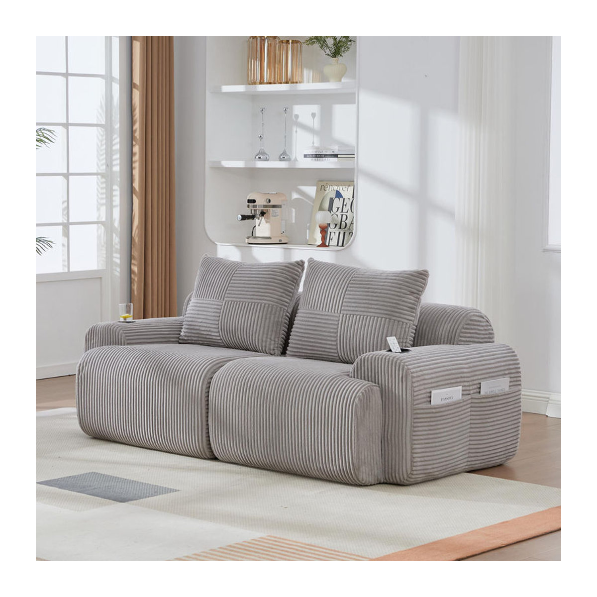 Gomyway Modulares 2-Sitzer-Cordsofa in Grau mit Getränkehalter und Seitentasche, B/T/H: 200 x 99 x 80 cm - Bild 2