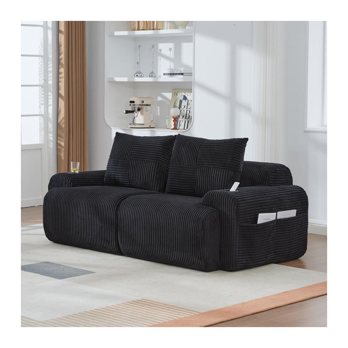 Gomyway Modulares 2-Sitzer-Cordsofa in Schwarz mit Getränkehalter und Seitentasche, B/T/H: 200 x 80 x 80 cm - Bild 2