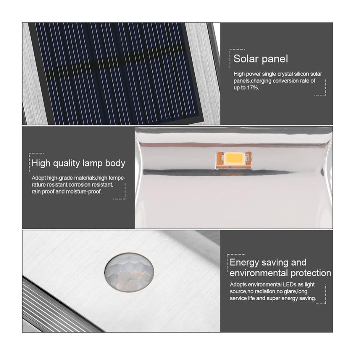 GoolRC Solarbetriebene Wandleuchte mit 2 LED und PIR-Bewegungsmelder, Modernes Design in Silber oder Schwarz, IP44 wetterfest, Kaltweiß - Bild 2