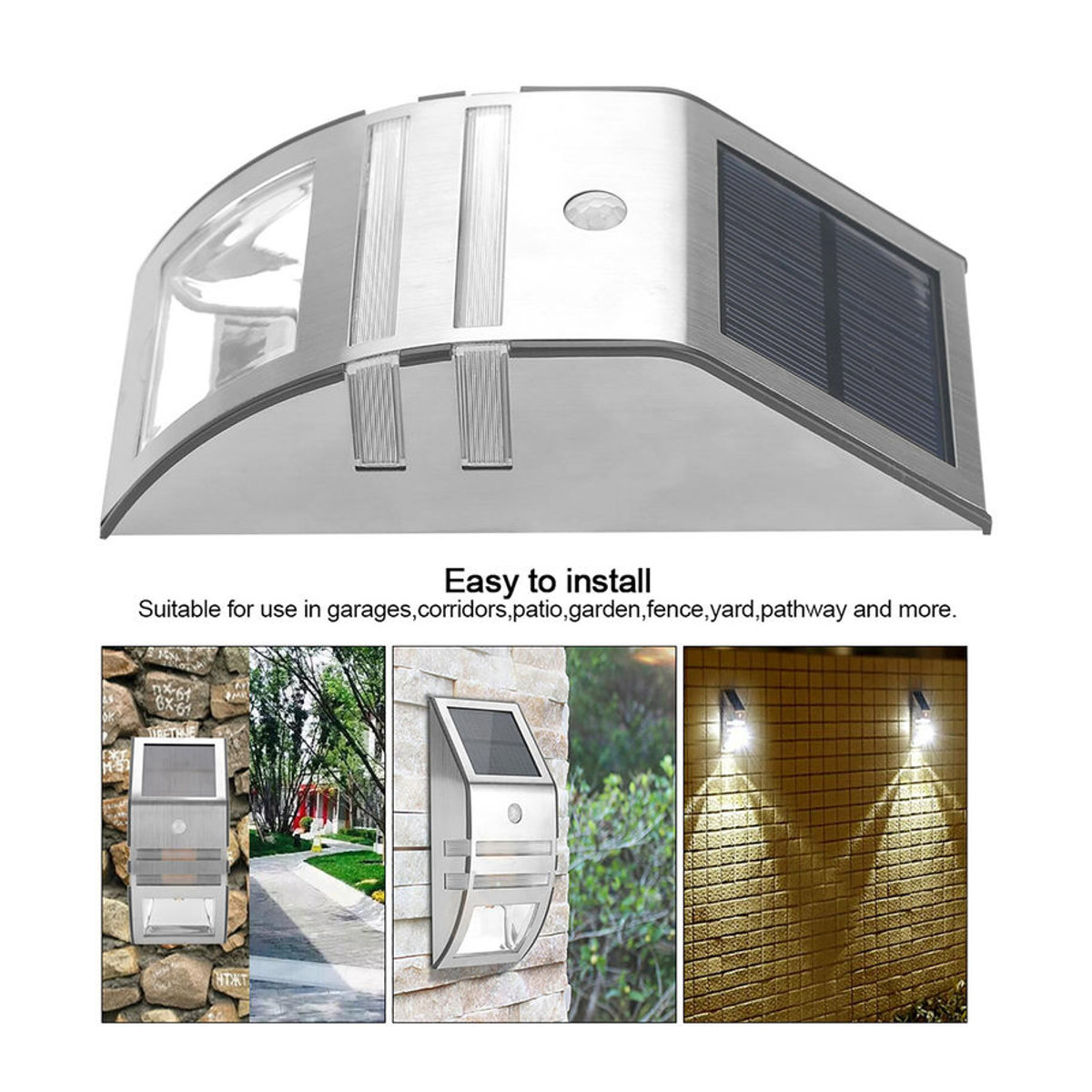 GoolRC Solarbetriebene Wandleuchte mit 2 LED und PIR-Bewegungsmelder, Modernes Design in Silber oder Schwarz, IP44 wetterfest, Kaltweiß - Bild 6