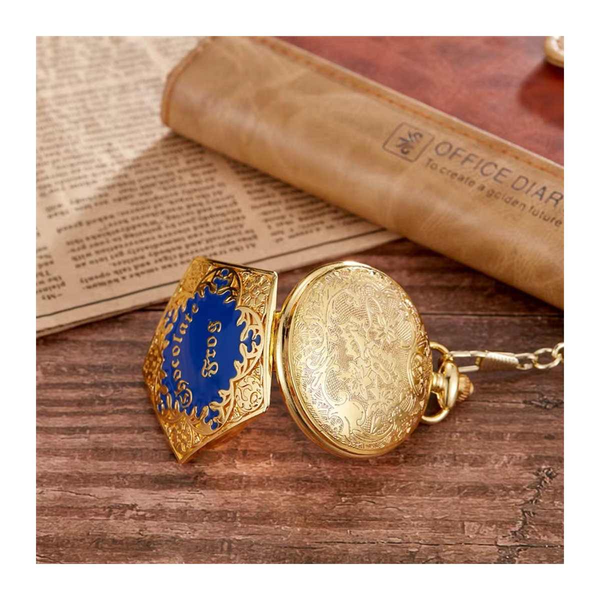 Gorben Vintage Taschenuhr aus Metall mit Quarzwerk und blau-goldenem fünfeckigem Gehäuse - Bild 4
