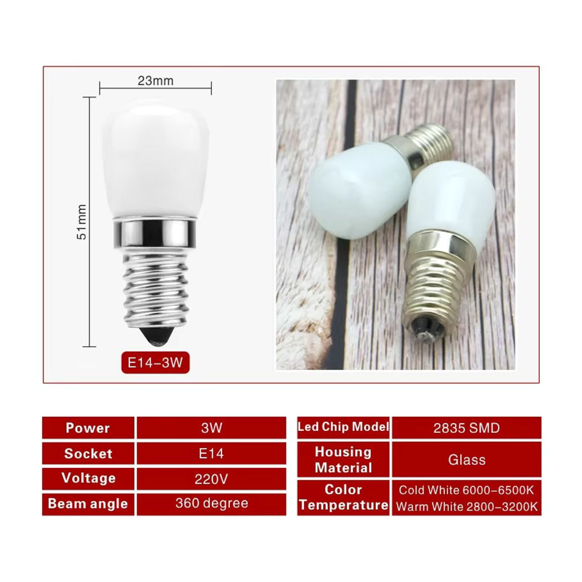 GOT LIANG LED Kühlschrank Glühbirne E14 3W in Weiß/Warmweiß aus Glas - Bild 2