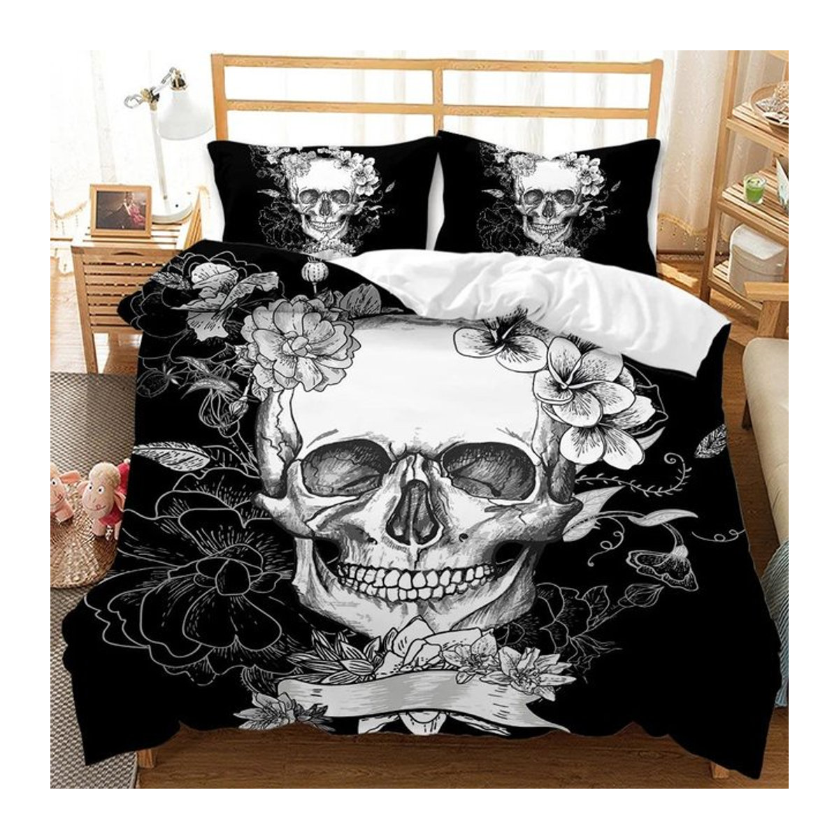 Gothic Bettwäsche-Set mit Totenkopf und Rosenmuster in Schwarz, 3-teilig, B/H: 135 x 200 cm - Bild 1