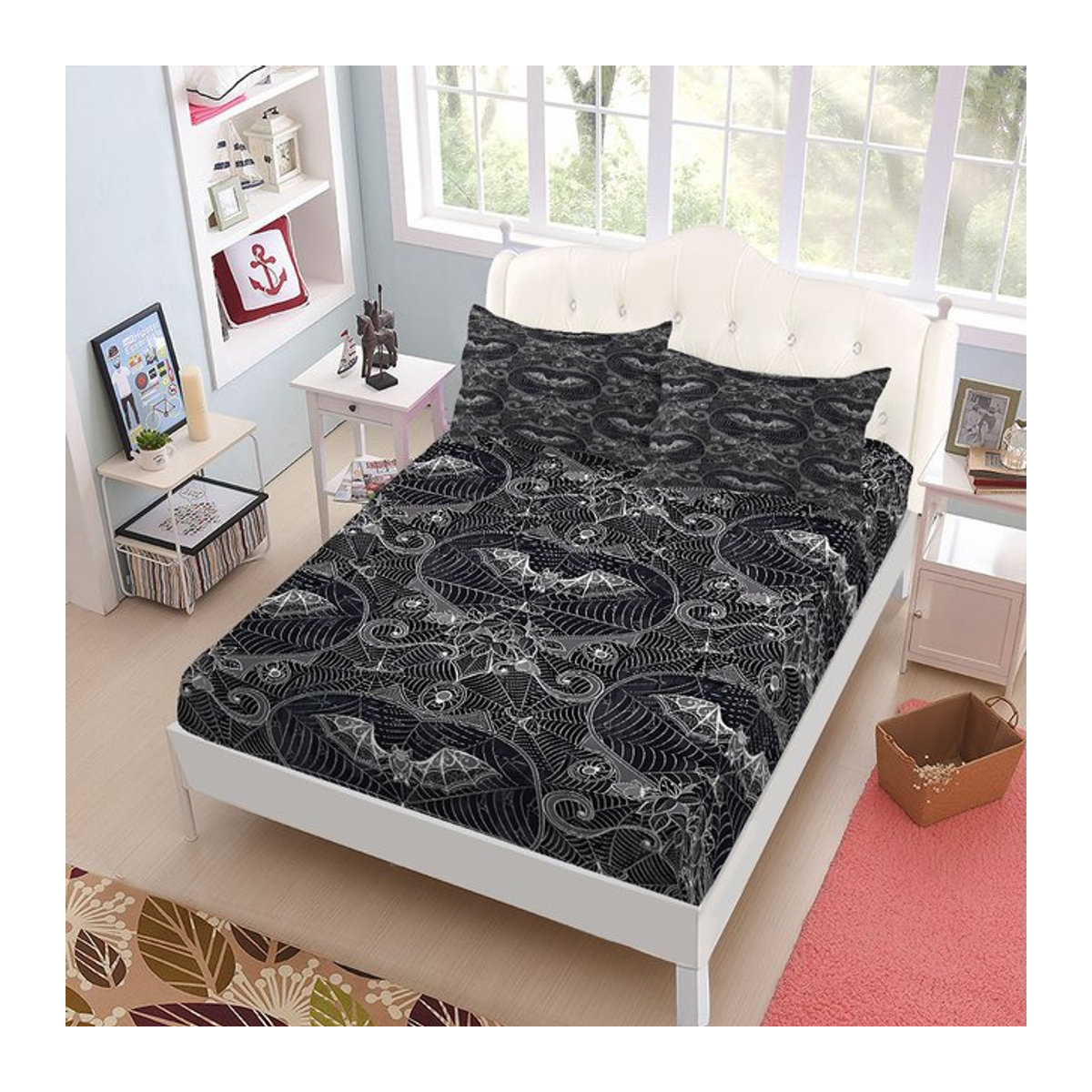 Gotisches Spannbettlaken-Set mit Spukfledermäusen-Muster für King-Size und Queen-Size Betten - Bild 1