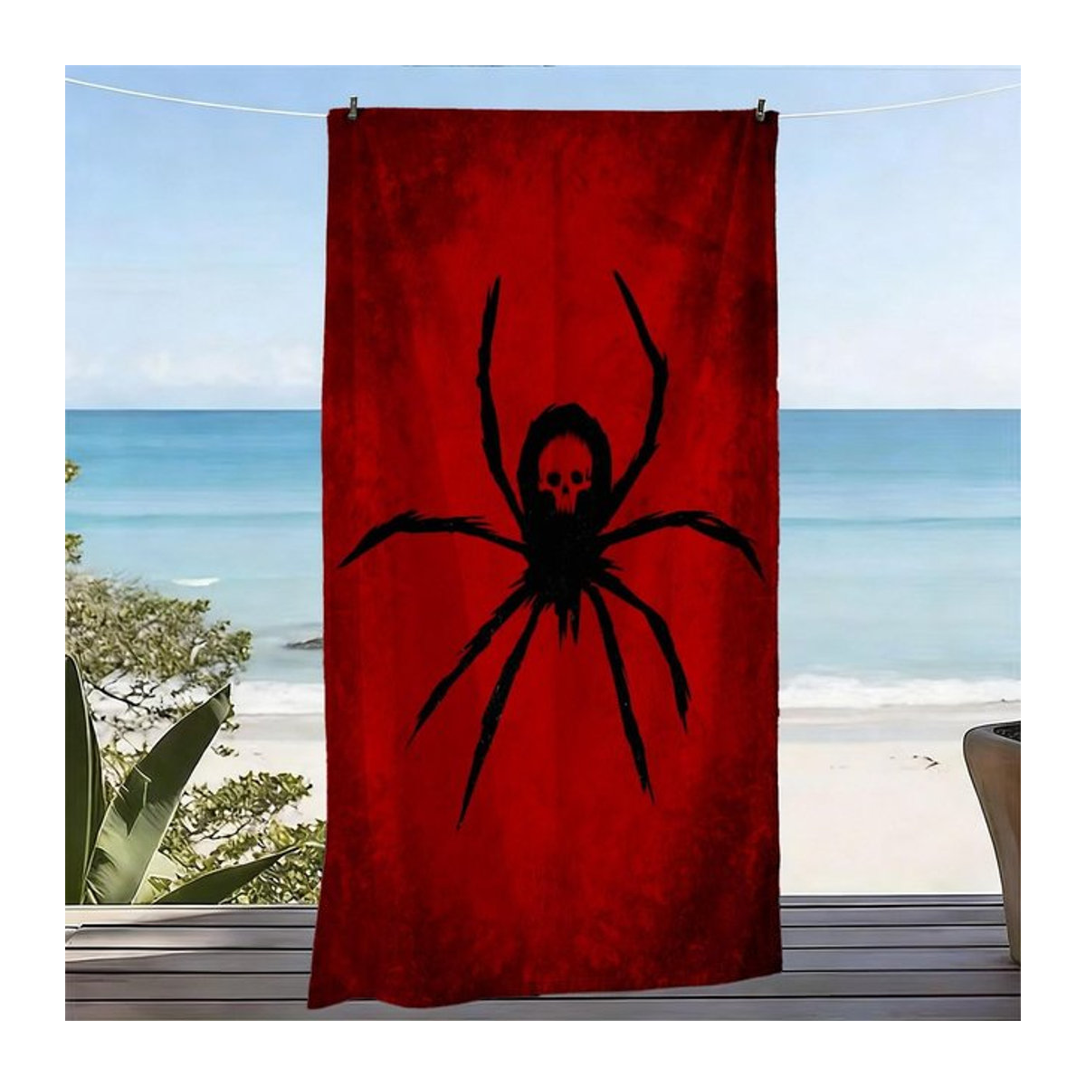 Gotisches Strandtuch mit Totenkopf- und Spinnen-Print in Rot und Schwarz, Breite: 40 cm, Höhe: 60 cm - Bild 1
